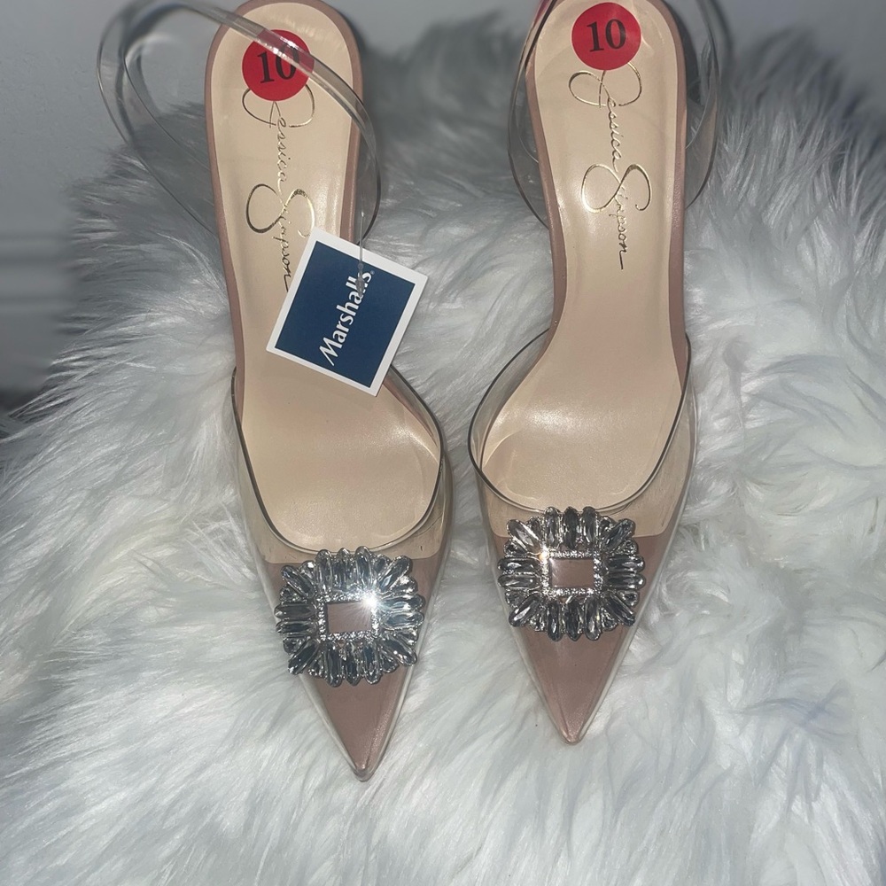 Jessica Simpson Silver Embellished Tan Heels
